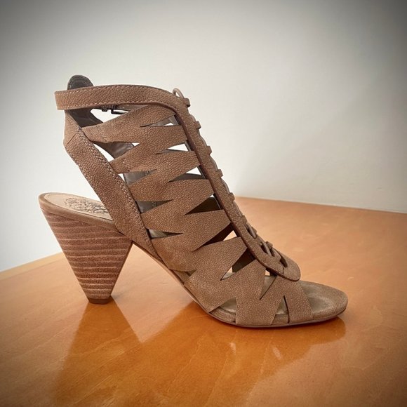 Vince Camuto Tiana Taupe Pebbled Leather Cage Booties - Picture 4 of 14